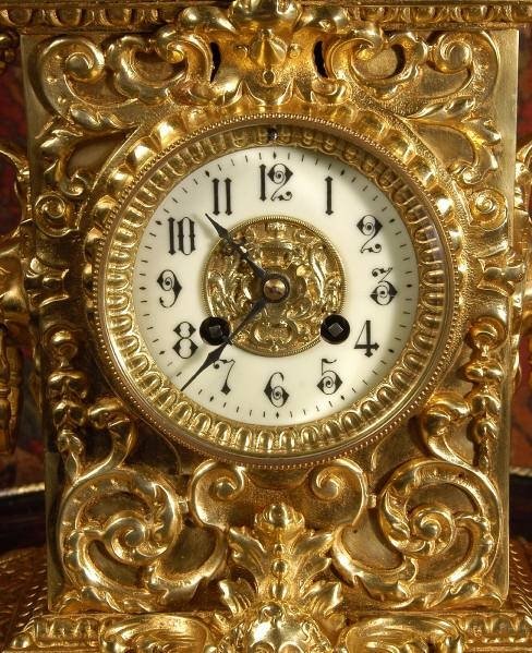fig 4. ***** SOLD ***** Large Gilded Brass Gothic Clock Set by Jos Leemans, Brussels.